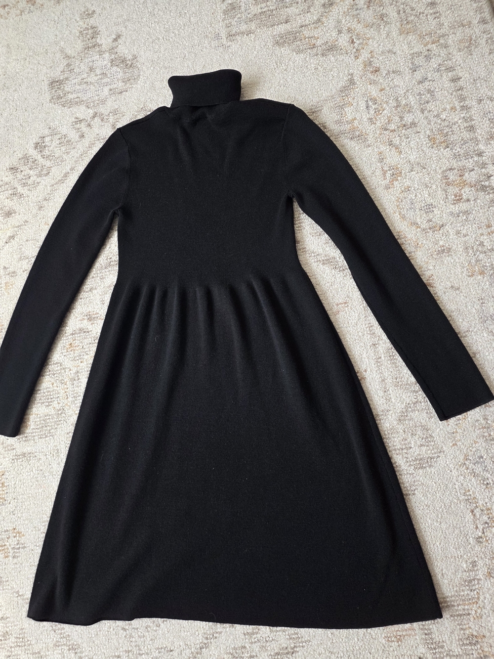 Dkny Black Merino Wool Turtleneck Fit-and-Flare Long Sleeve Dress